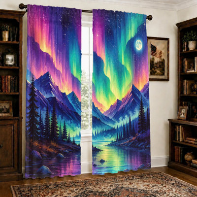 2Pcs Vibrant Aurora Borealis curtains, light filtering fabric, majestic mountains and starry night sky print, light-blocking privacy-enhancing, rod-pocket design, suitable for living room, bedroom, balcony, kitchen home decoration
