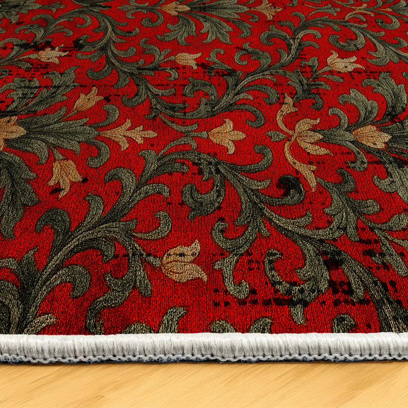 Colchique Collection Digital Print Cotton-Polyester Green Red Floral Rug, Runner 3'4" x 13'2"