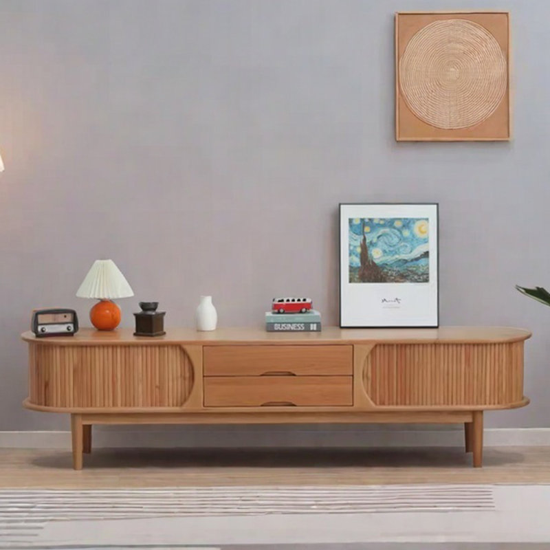 Meuble télé en bois massif de style japonais, 86.61"