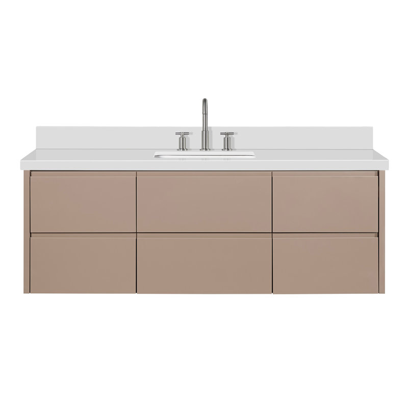   Ensemble de meuble-lavabo mural rectangulaire simple 61 po avec comptoir en quartz blanc de 1,5 po Ensuko, Moka