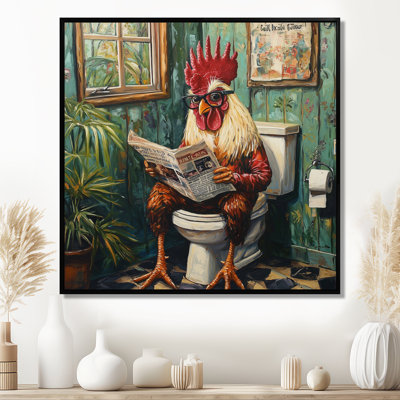Kendalynn, coq lisant un journal dans la toilette I - coq, art mural