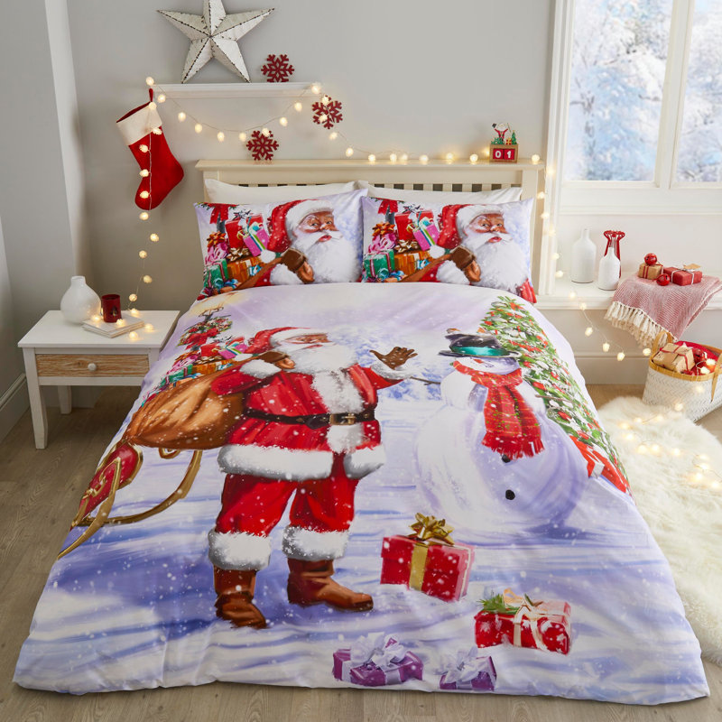 Santa & Snowy Polyester Duvet Cover Set with Pillowcases, Kingsize - 2 Standard Pillowcases