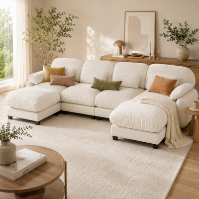 Ensemble de canapés modulaires en forme de U Celvarune Cloud pour 4 personnes avec 2 poufs amovibles, canapé d'angle extra large et profond en chenille moelleuse, coussins en mousse et ressorts, 4 coussins lombaires