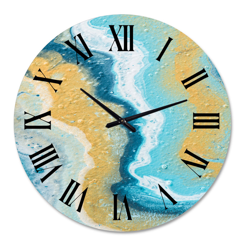 Composition abstraite de marbre jaune et bleu III - horloge murale moderne, Grand