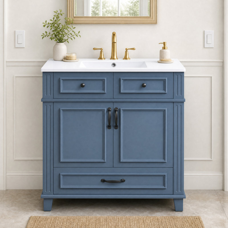 30" Bathroom Vanity With Ceramic Sink, Solid Wood Frame, Soft Closing Doors & Ample Storage, Blue Retro Style - Blue, 30"