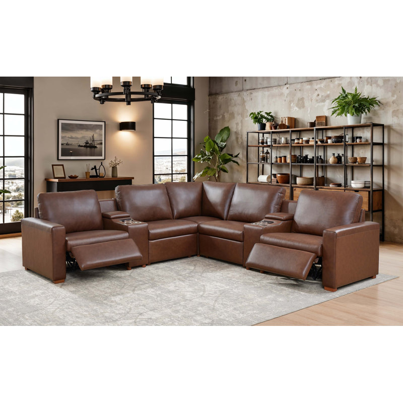 132" W Hudson Recliner Leather-Matched Sectional, Brown Leather Match