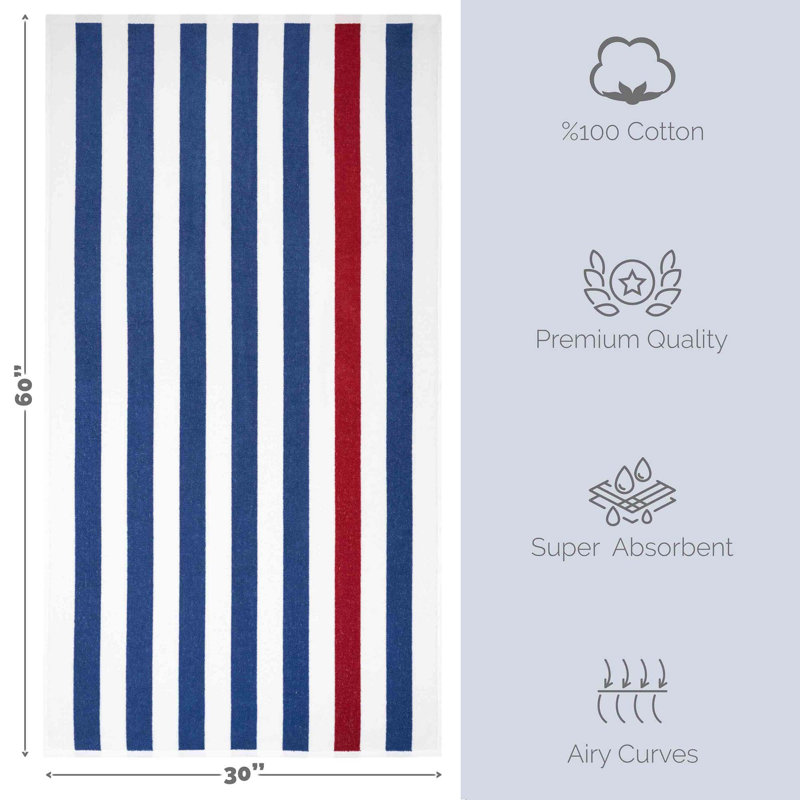 Très grande serviette de plage 100% coton Dovecove, Bleu marine / rouge Bordeaux
