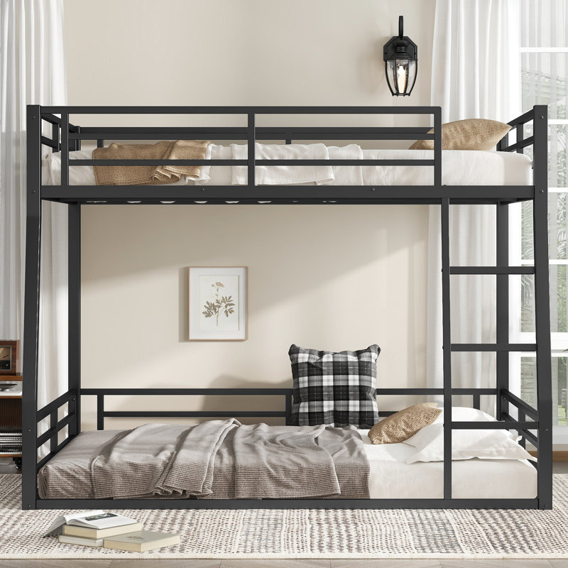  Metal Full XL over Queen Bunk Bed, Space-Saving Noise-Reduced Frame, No Box Spring Needed, Black, Full XL Over Queen