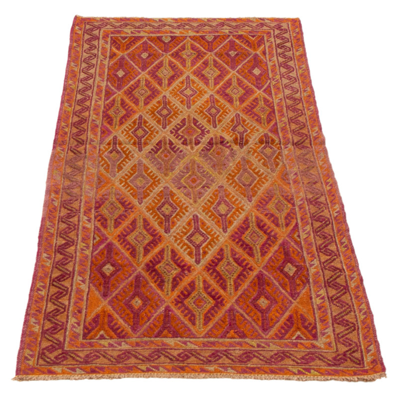 Tapis orange brûlé / mauve noué à la main de conception unique 2 pi 10 po x 5 pi 11 po Joell