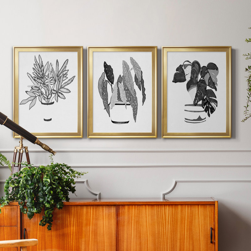 B&W d'intérieur plante IV - ensemble de 3 peintures sur toile encadrées, Doré, H 26,5 po x l 109,5 po x P 1,5 po