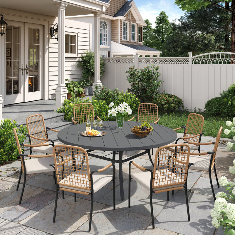 9-Pieces Patio Round Outdoor Dining Set With Rattan Stackable Chair, Gray