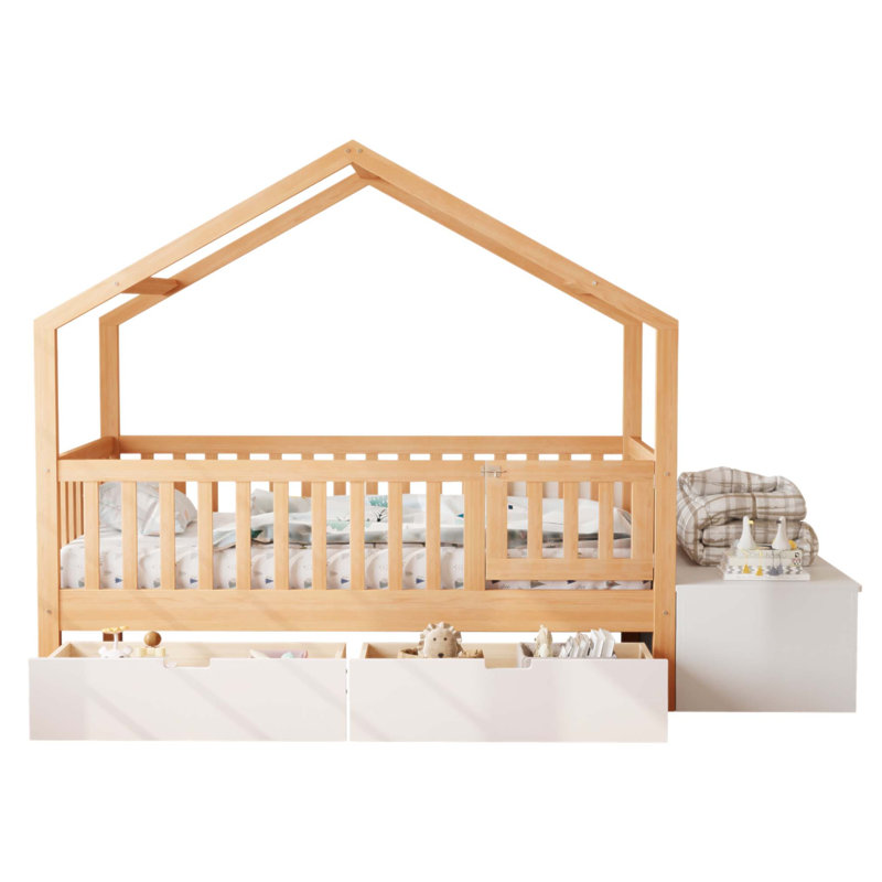 Lit pour tout-petits avec tiroirs de rangement et commode à plateau relevable, structure en bois massif avec barrières de sécurité et barrière, conception de maisonnette pour enfants, compatible avec les matelas standard pour tout-petits américains (sans matelas)