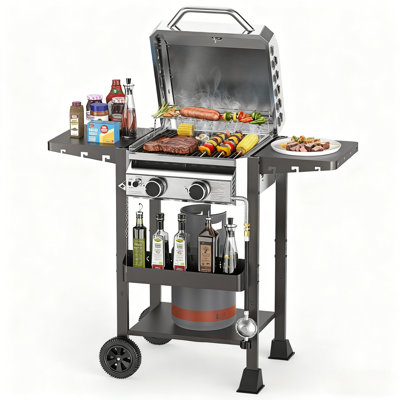 Barbecue portatif au propane à 2 brûleurs de 16 000 BTU R.W.FLAME - Comprend une housse, des roulettes, des tablettes latérales et des crochets - Idéal pour les aventures de patio, de jardin et de camping