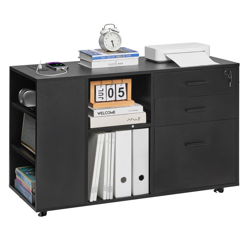 3 Drawer Wooden File Cabinet Mobile Filing Cabinet with Power Strip, Black