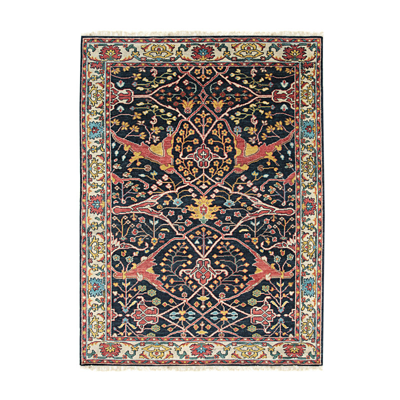 Tapis oriental en laine noué à la main bleu marine, Rectangle 6 pi x 9 pi