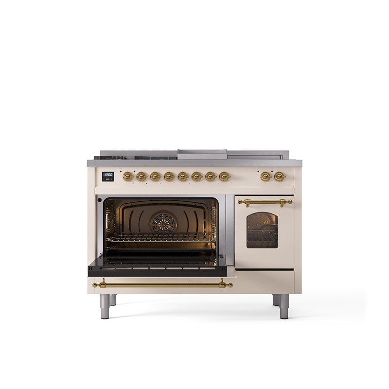 ILVE Nostalgie II Series 48 inch Dual Fuel Range with 5 Sealed Burners, Griddle, Frenchtop (Glass Door), Liquid Propane