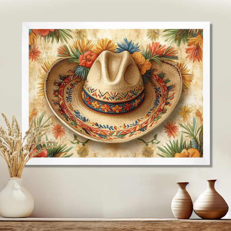 Sombrero du patrimoine mexicain - Tableau folklorique encadré, H 16 po x l 32 po, White Picture Framed