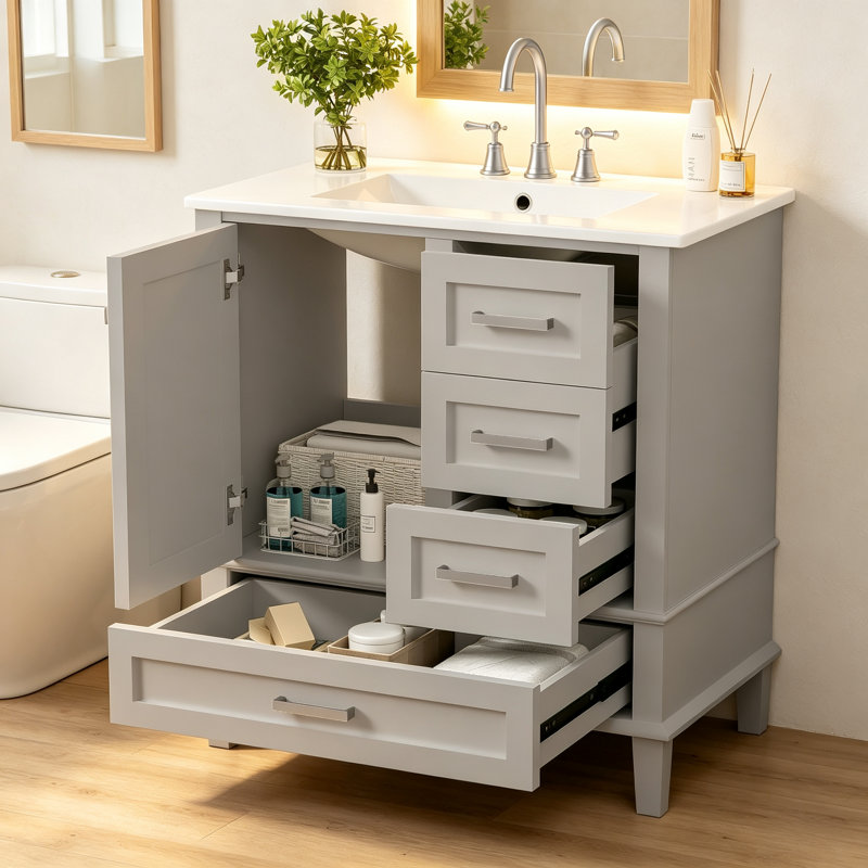 Meuble-lavabo moderne de 30 po avec lavabo, porte à fermeture douce et 3 tiroirs, structure en bois massif pour le rangement et le style
