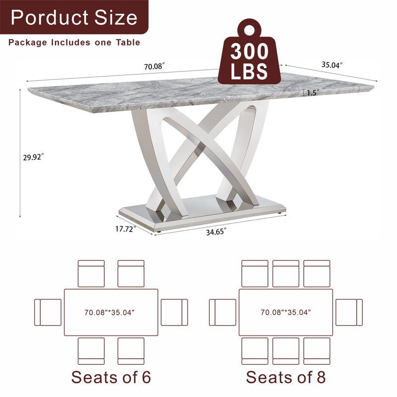 Table de salle à manger en marbre pour 6 personnes, table de salle à manger rectangulaire en faux marbre 70 po avec base en acier inoxydable à finition miroir, table de cuisine moderne en marbre de grande taille