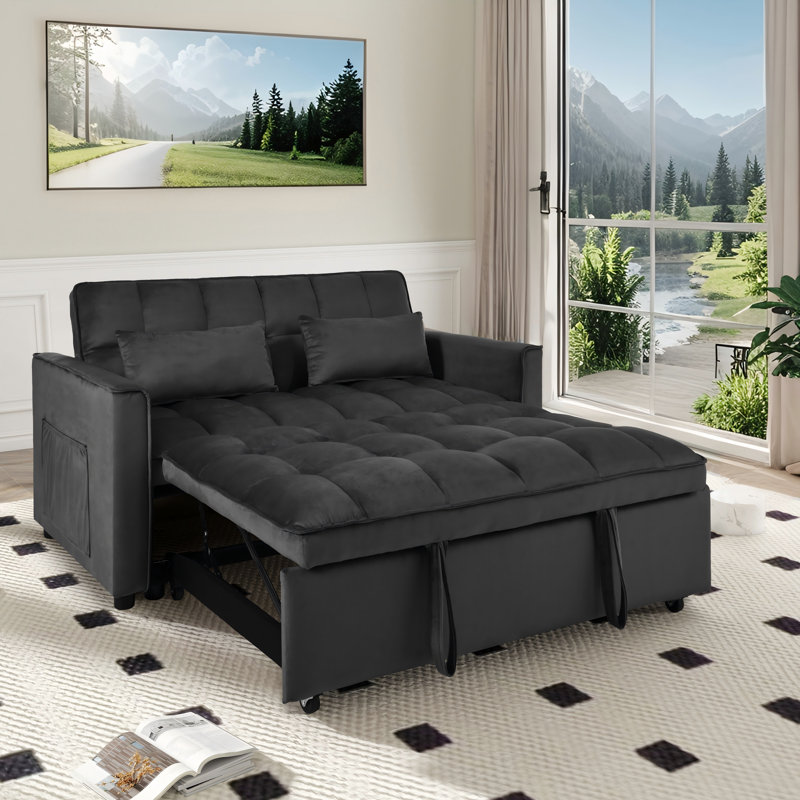 3-In-1 Convertible Sleeper Sofa Bed With Adjustable Backrest,Modern Velvet Pull Out Sofa Bed With 2  Arm Side Pocket And Pillows