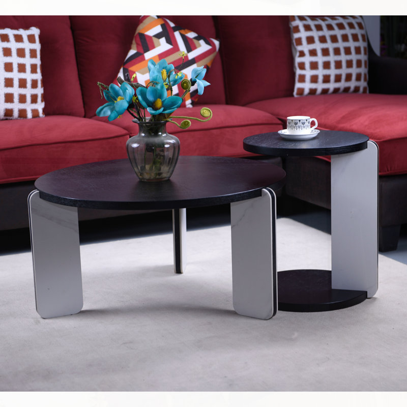 Ensemble de 2 tables basses rondes et de bout gigognes, petits espaces, salon et chambre à coucher, Noir, Blanc