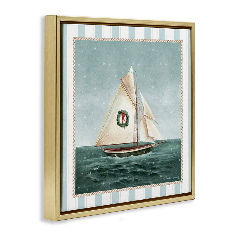 «Festive Winter Sailboat Floater», art mural par Danielle Murray, H 18 po x l 18 po, Cadre flottant métallique doré