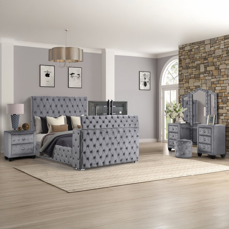Ensemble de chambre avec coiffeuse 4 pièces Mikilah, Grand, Grey