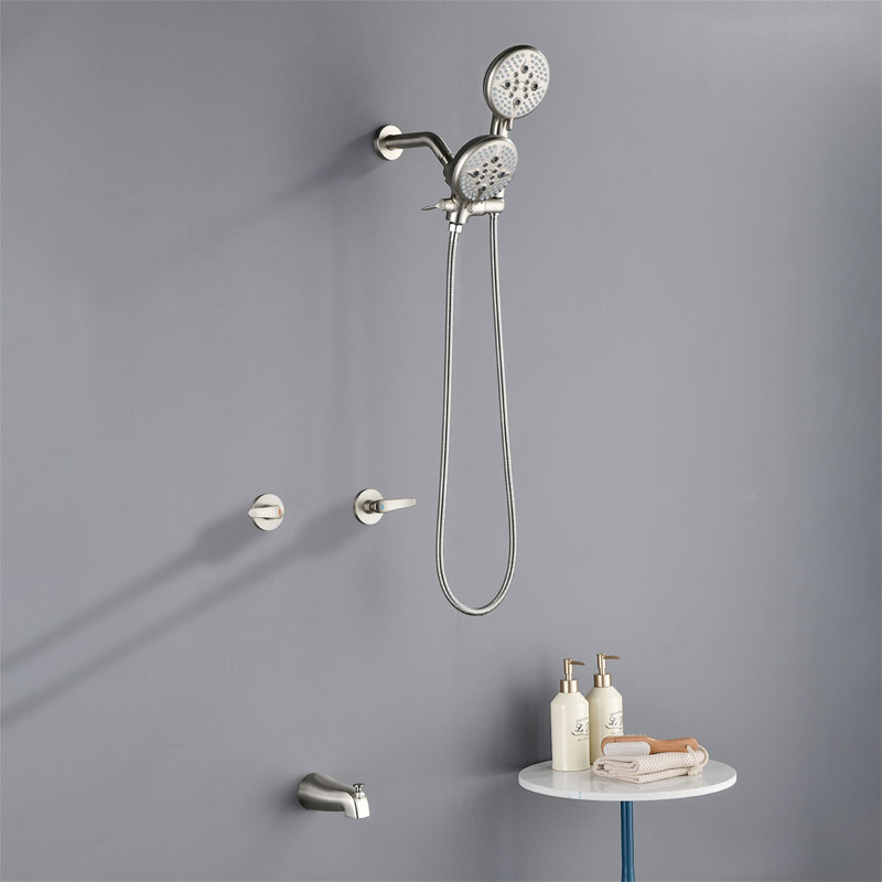 Système de douche mural avec douchette 2 poignées 2-en-1, Nickel brossé