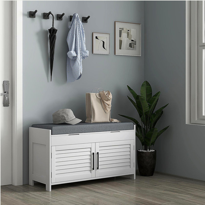 Banc à chaussures, banc d'entrée avec rangement pour chaussures, coussin, compartiments cachés, tablettes réglables et portes à volets, range-chaussures 35,4 po pour le vestibule