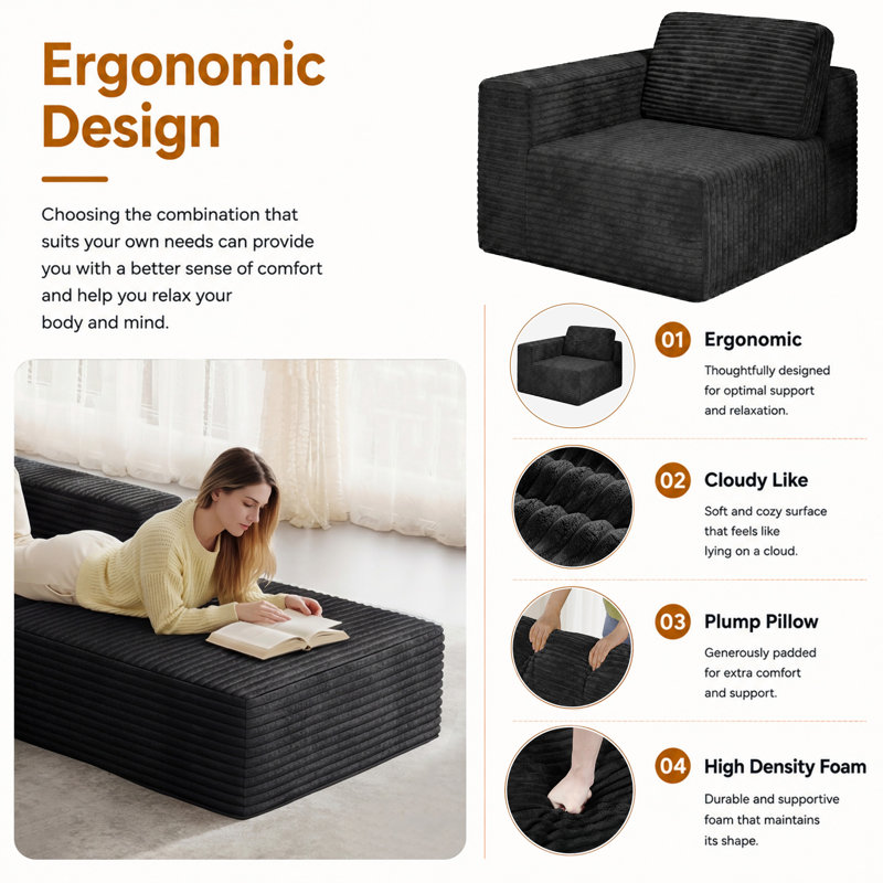 1 Seater Corduroy Sectional, Black