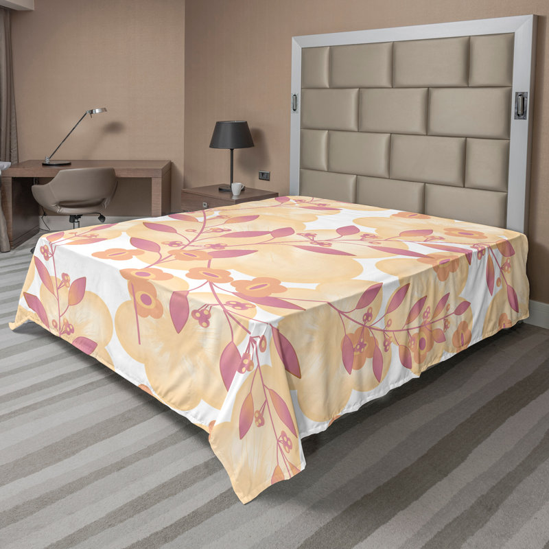 Ambesonne Top Flat Sheet Curving Art, Pink Peach Floral, Queen Flat Sheet