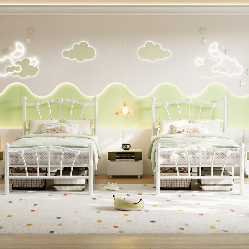 Structure de lit en forme de métal - Plateforme pour enfants - Support de lattes robuste - Rangement sous le lit, Blanc