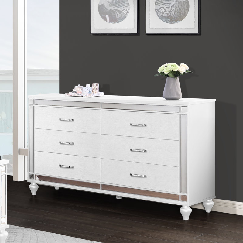 Commode à six tiroirs avec bordure miroir entièrement assemblée, Blanc