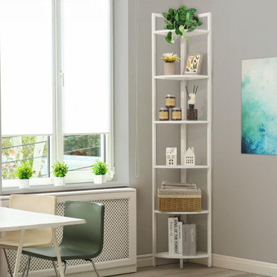 6 Tier Corner Shelf, 71.1-Inch Tall Bookshelf, Display Rack With Metal Frame, Round Shelf Unit, Stand for Bathroom, Living Room, Home, Office, White