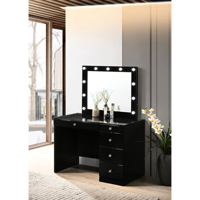 3Pc Contemporary Vanity In Black With A Lighted Mirror, 5 Drawers Sparkling , And Round Stool Makeup Crystal