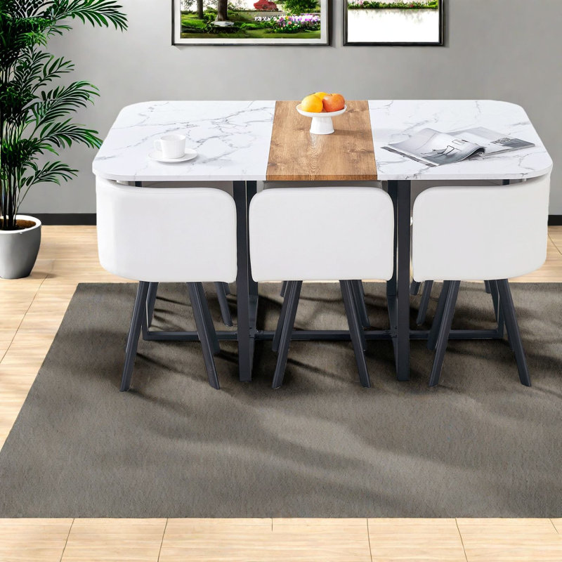 Ensembles de table de salle à manger modernes en acier avec motif en marbre, conception compacte pour la maison