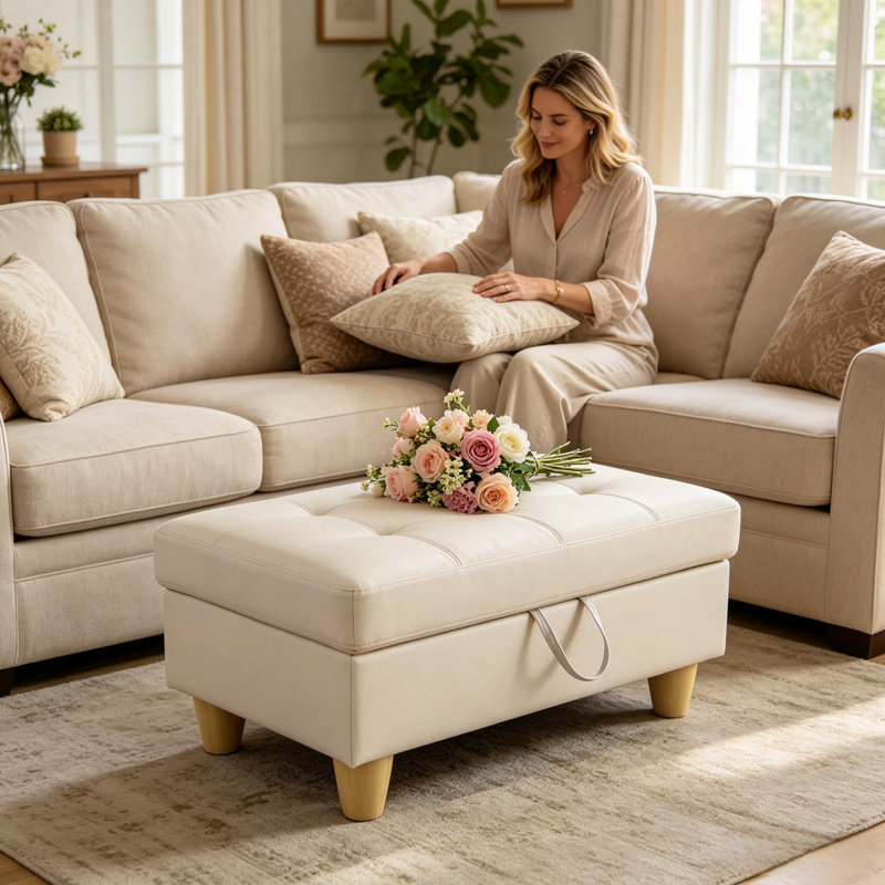 Faux Leather Ottoman, White Faux Leather