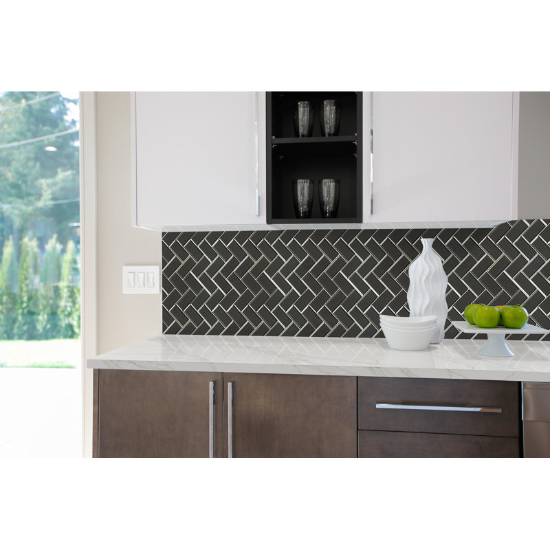 Rivella Herringbone 11 in. x 14 in. Glossy Glass Mosaic Wall Tile, Titan Gris