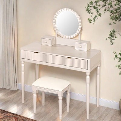 Makeup Vanity Set With Adjustable Sunflower Mirror, Fluted Finish Drawers,rotating Column Shape Vanity Desk With Upholstered Stool