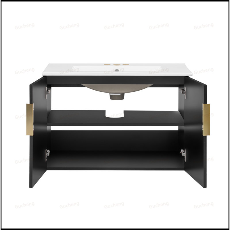 Meuble-lavabo flottant 30 po avec lavabo simple en céramique 3 trous, Noir