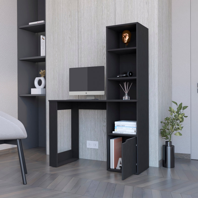 Bureau d'ordinateur avec bibliothèque à 4 niveaux et armoire à 1 porte, Brun