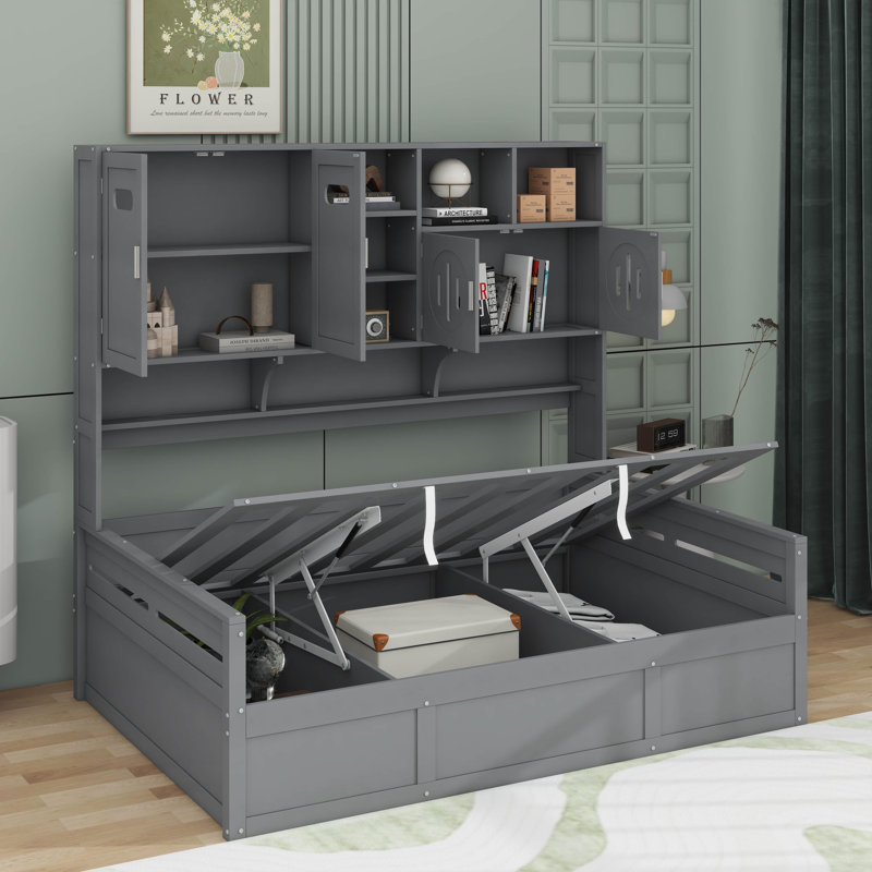 Lit de jour en bois avec hydraulique, armoire et tablette, gris, Double