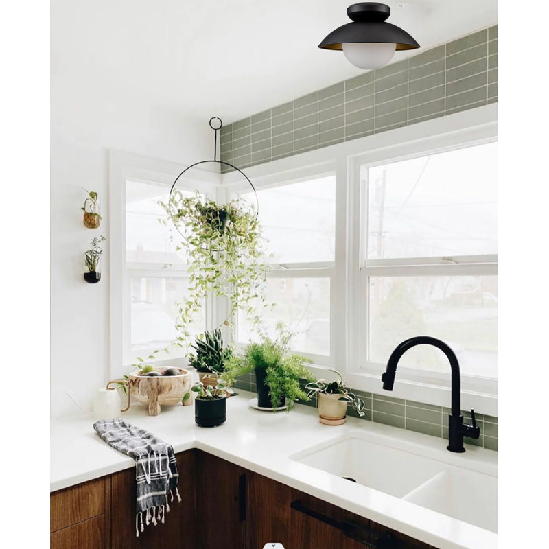 autical Modern Ceiling Light Flush Mount with Milky White Globe, Matte Black
