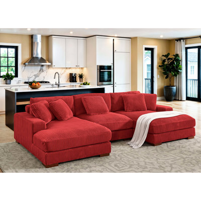 Canapé modulaire surdimensionné à 3 places en velours côtelé rouge avec coussins décoratifs et soutien lombaire réglable, facile à assembler, profondeur 125 po, largeur 65 po, hauteur 33 po, poids modulaire de 286 lb, pour