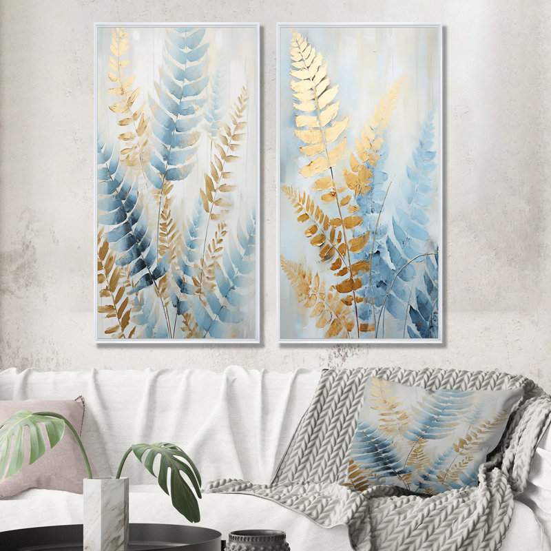 Ensemble de 2 décorations murales bleues et dorées, Cadre blanc, H 32 po x l 33 po