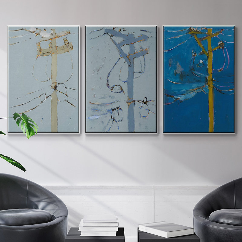 Wires IV encadré sur toile 3 pièces, Cadre blanc, H 40 po x l 90 po x P 2 po