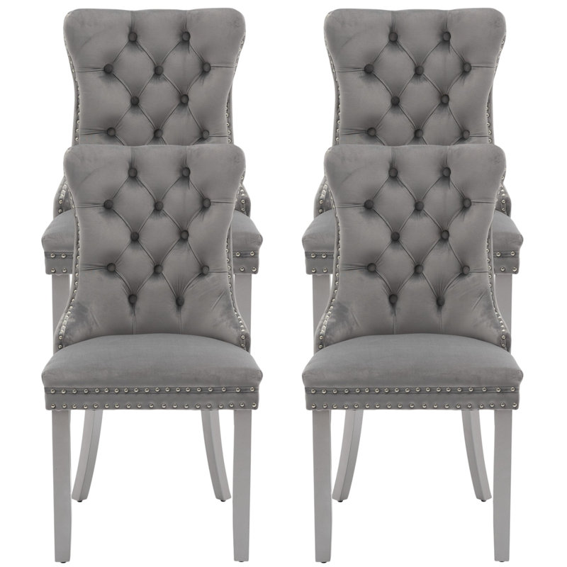 Amelia Modern Velvet Wingback Tufted Upholstered Dining Chairs with Solid Wood Legs, 4, Gray, Silver