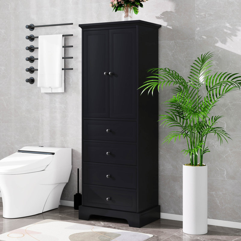 Armoire de rangement autoportante avec 2 portes et 4 tiroirs pour la salle de bain, le bureau, la cuisine, la tablette réglable de l'armoire garde-manger, panneau de fibres à densité moyenne avec finition peinte
