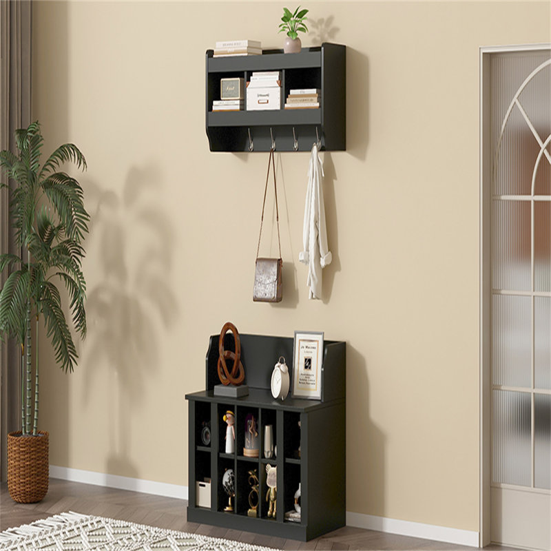 Shoe Storage Bench With Wall Mounted Coat Rack For Hallway, Black