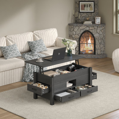 Table basse, table basse à plateau relevable de 39,4 po avec 4 tiroirs de rangement, compartiment caché, table centrale rétro en bois avec plateau relevable pour le salon, le bureau personnel, sans oscillation